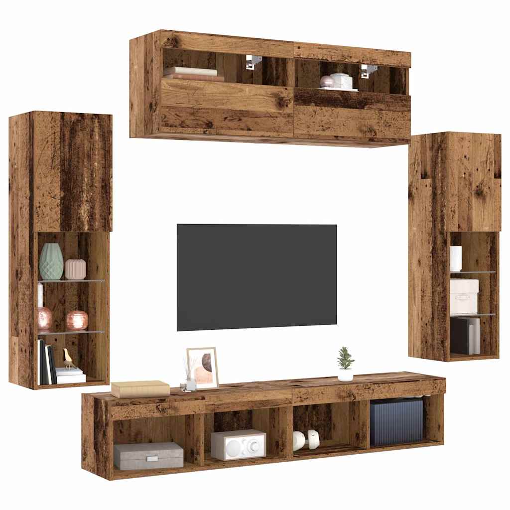 TV-Schrankset mit LED-Lichtleisten 6 pcs Altholz Holzwerkstoff