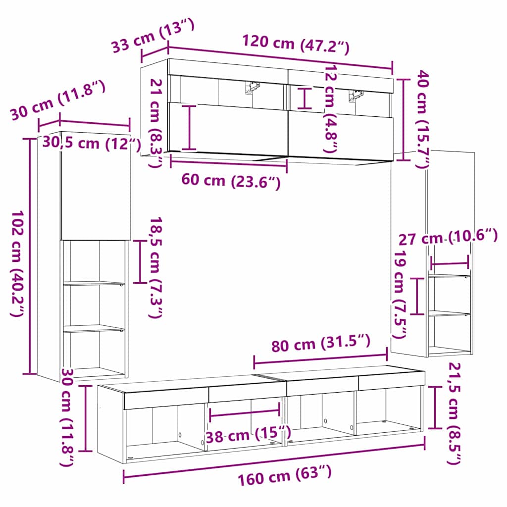 TV-Schrankset mit LED-Lichtleisten 6 pcs Altholz Holzwerkstoff