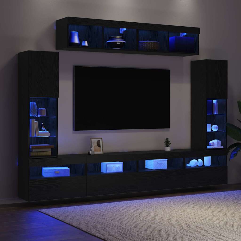 TV-Wandregal-Set 6 pcs Schwarz Eichen-Optik 30.5 x 30 x 102 cm