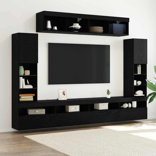 TV-Wandregal-Set 6 pcs Schwarz Eichen-Optik 30.5 x 30 x 102 cm