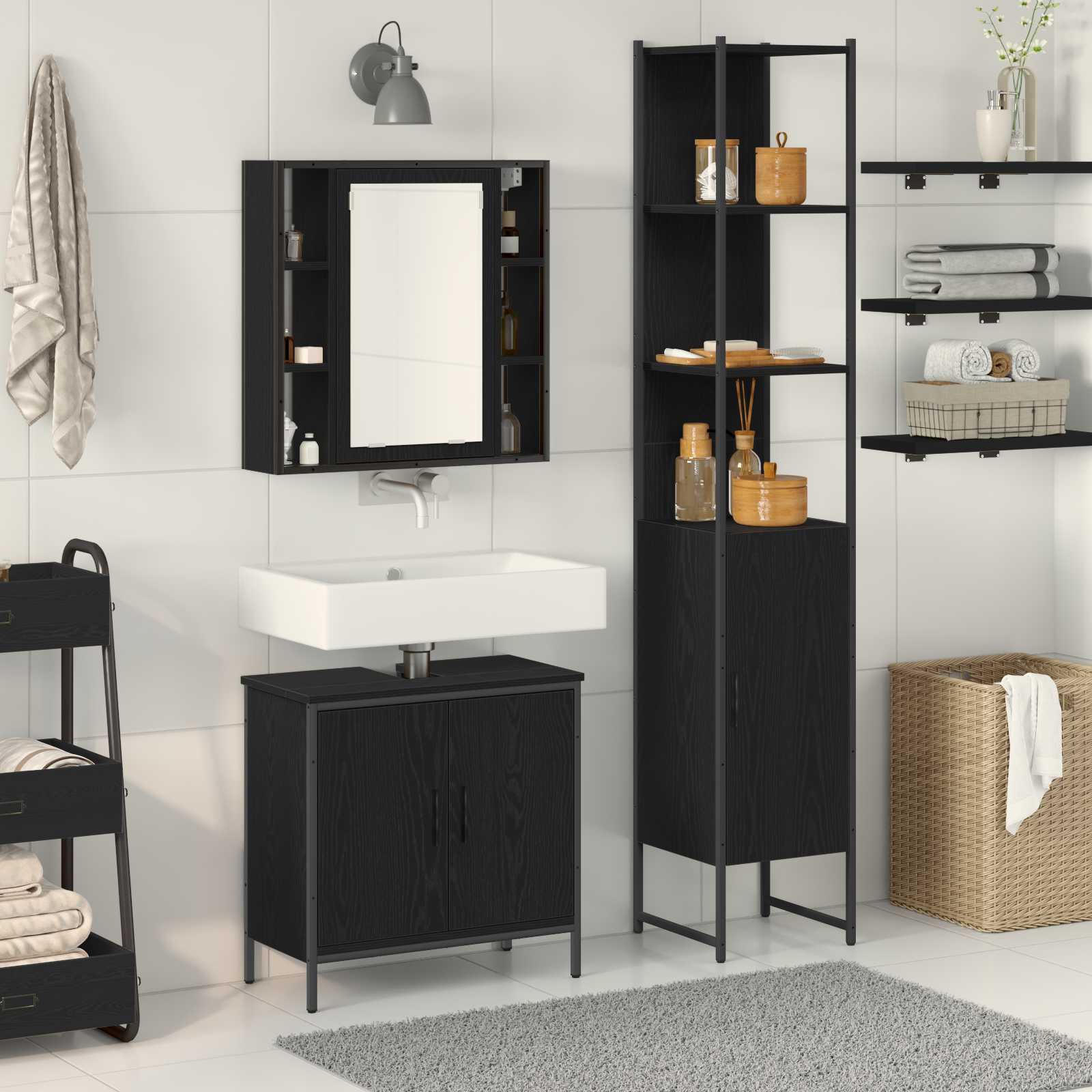 Badezimmer Waschbeckenmöbel 3 stk. Schwarz 33 x 33 x 185,5 cm