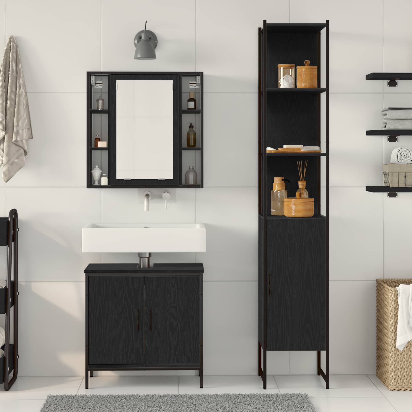 Badezimmer Waschbeckenmöbel 3 stk. Schwarz 33 x 33 x 185,5 cm