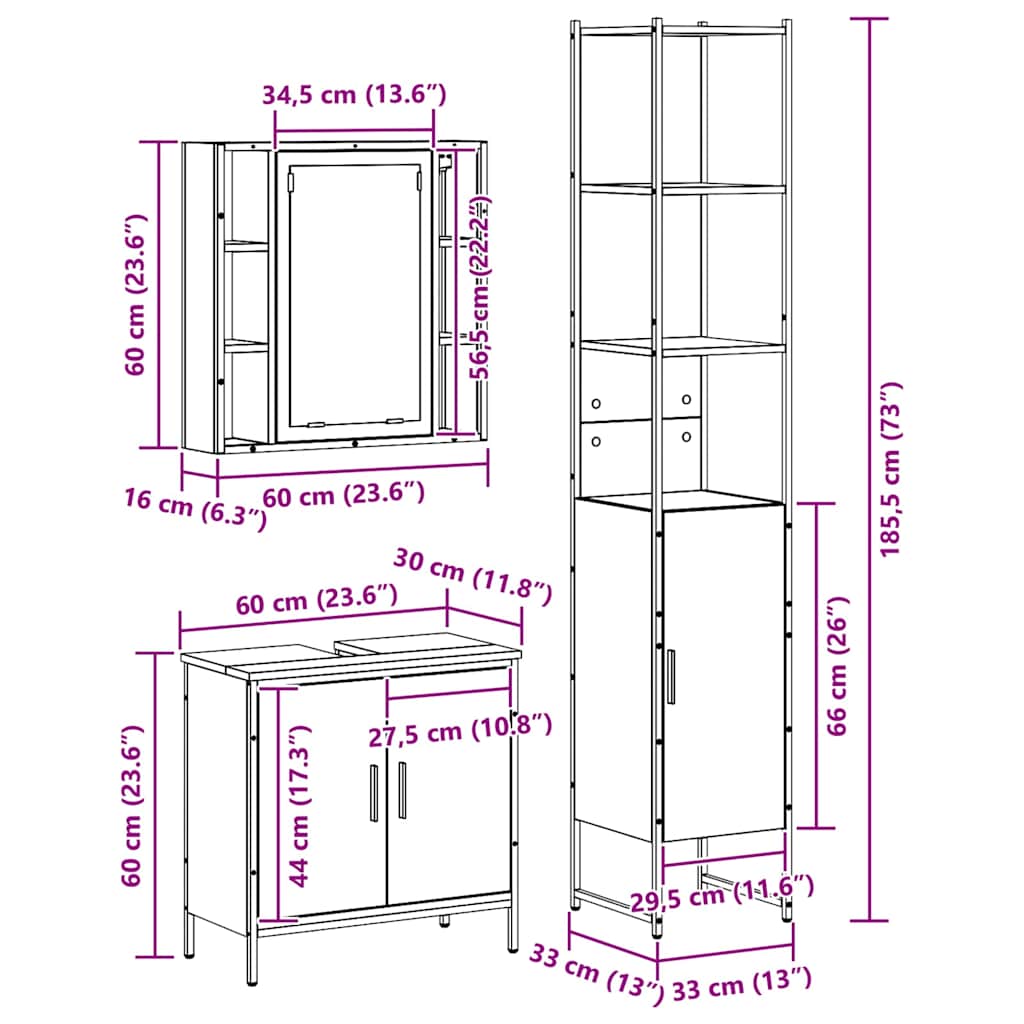 Badezimmer Waschbeckenmöbel 3 stk. Schwarz 33 x 33 x 185,5 cm