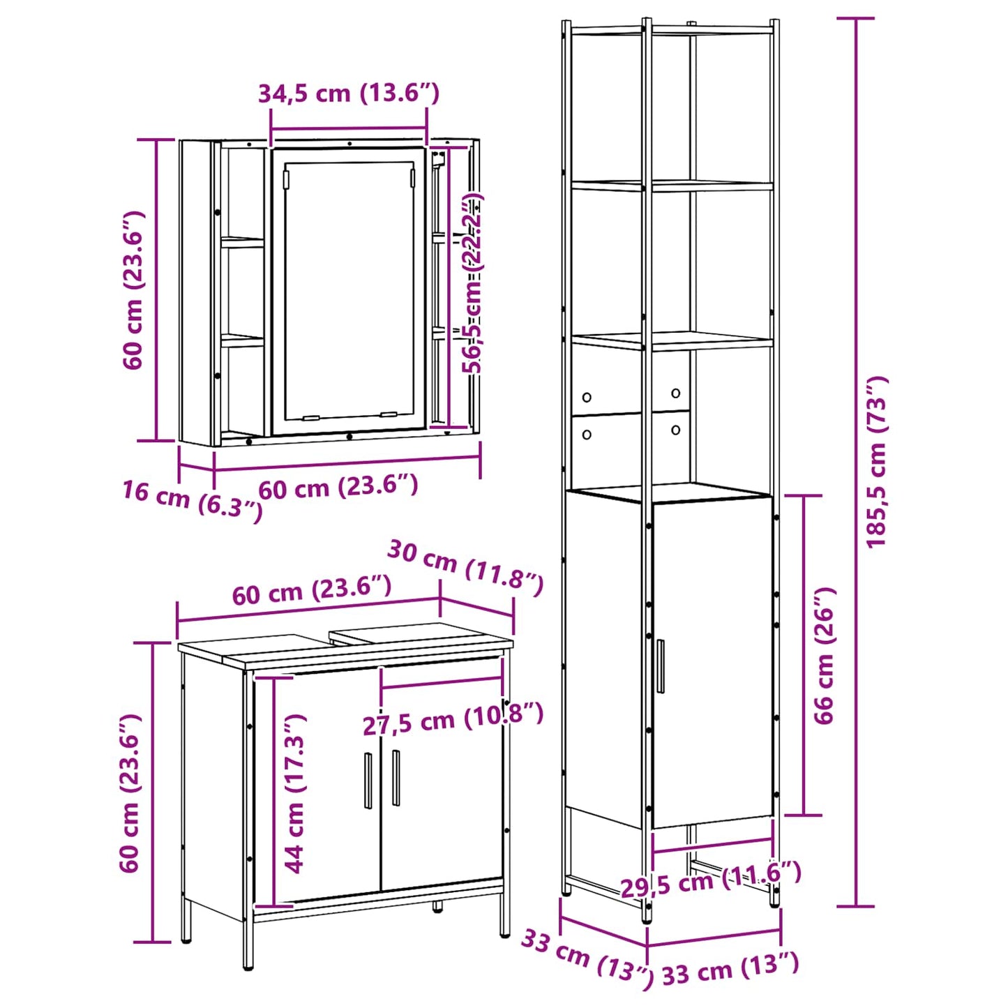 Badezimmer Waschbeckenmöbel 3 stk. Schwarz 33 x 33 x 185,5 cm