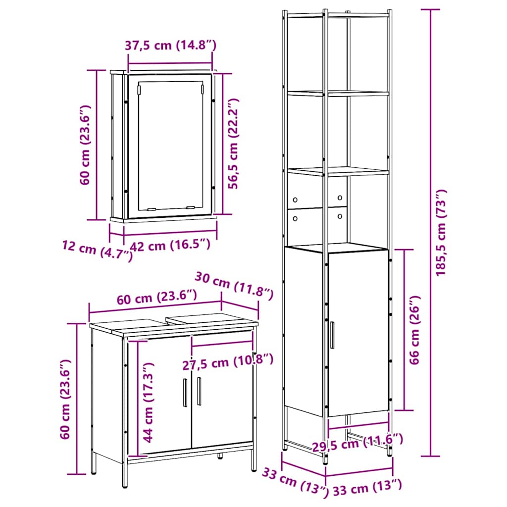 Badezimmermöbel-Set 3 stk. Braun 33 x 33 x 185,5 cm