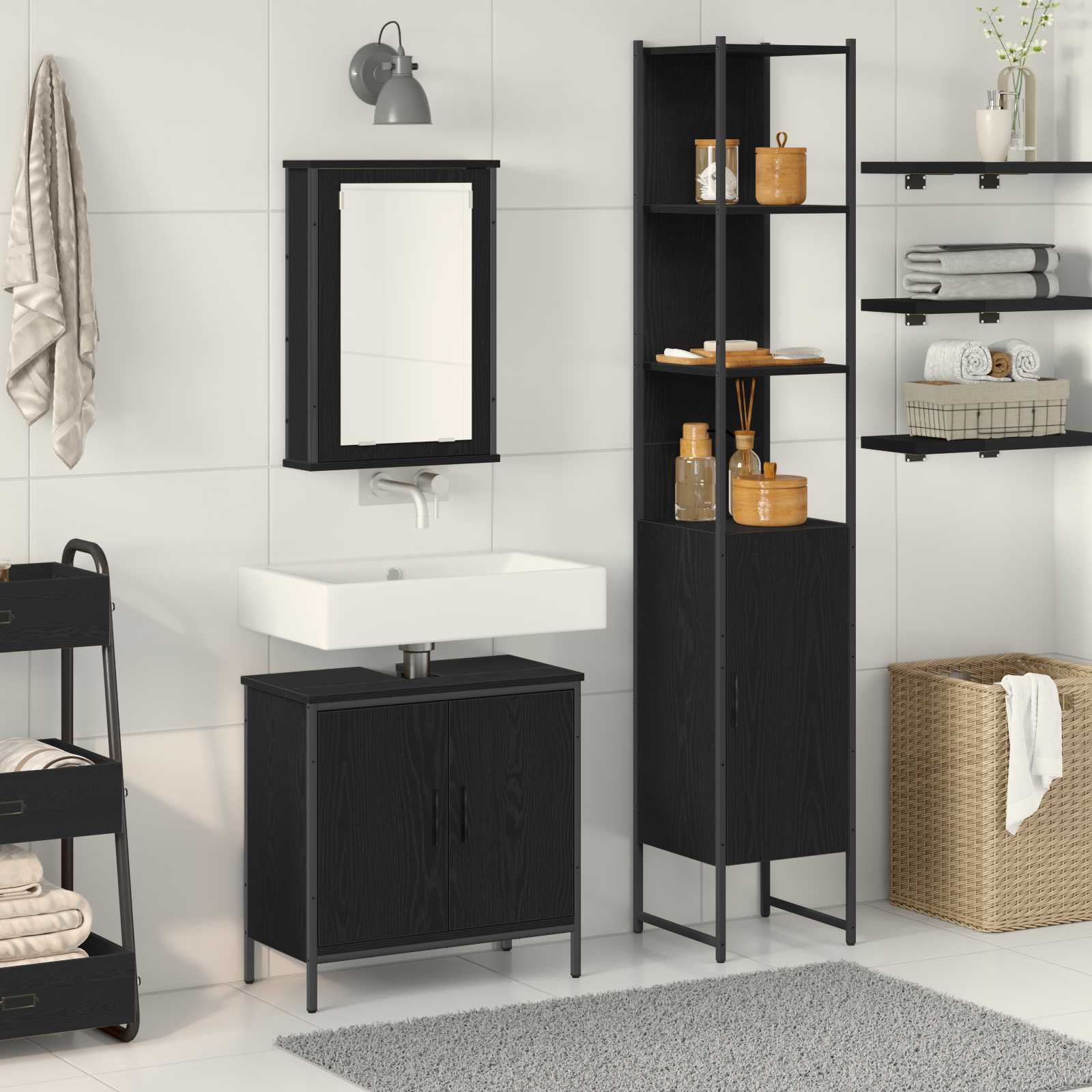 Badezimmermöbel-Set 3 stk. Schwarz 33 x 33 x 185,5 cm