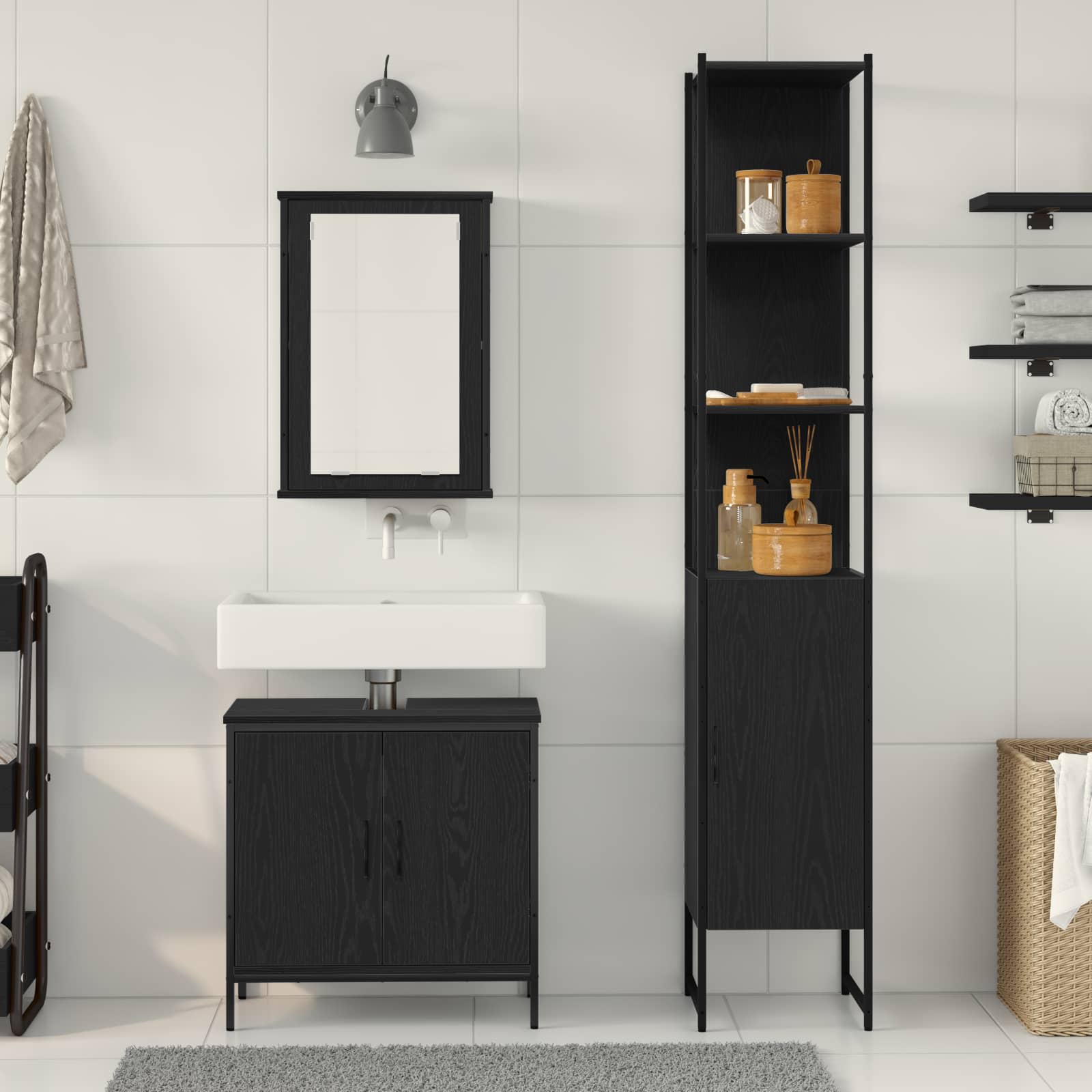 Badezimmermöbel-Set 3 stk. Schwarz 33 x 33 x 185,5 cm