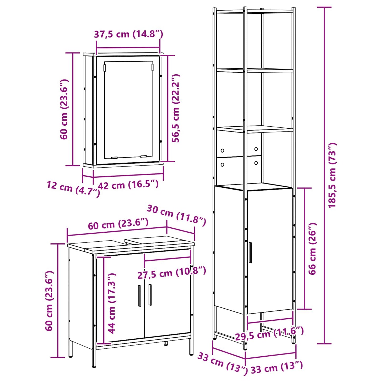 Badezimmermöbel-Set 3 stk. Schwarz 33 x 33 x 185,5 cm
