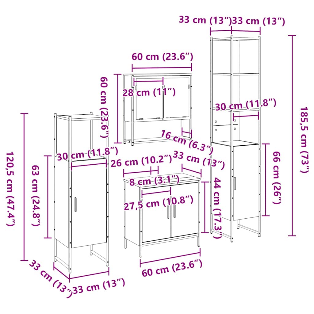 Badezimmermöbel-Set 4 stk. Schwarz 33 x 33 x 185,5 cm