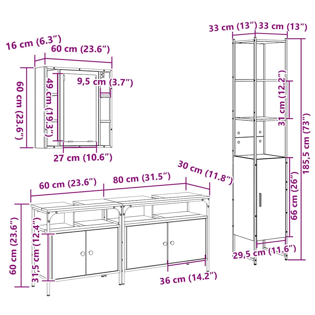 Badezimmermöbel-Set 4 stk. Artisan-Eiche 33 x 33 x 185,5 cm