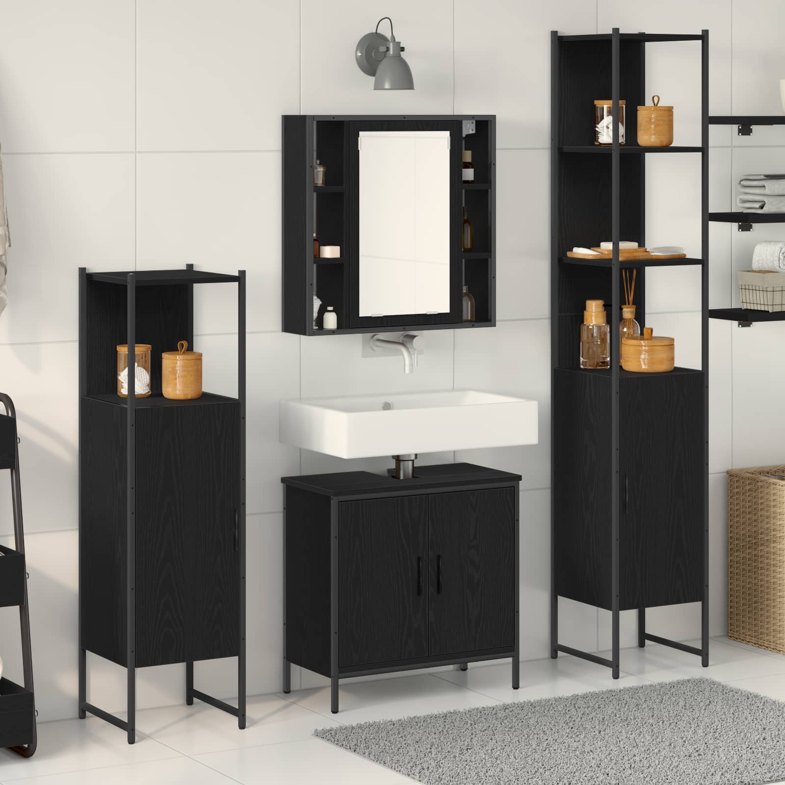 Badezimmermöbel-Set 4 stk. Schwarz 33 x 33 x 185,5 cm
