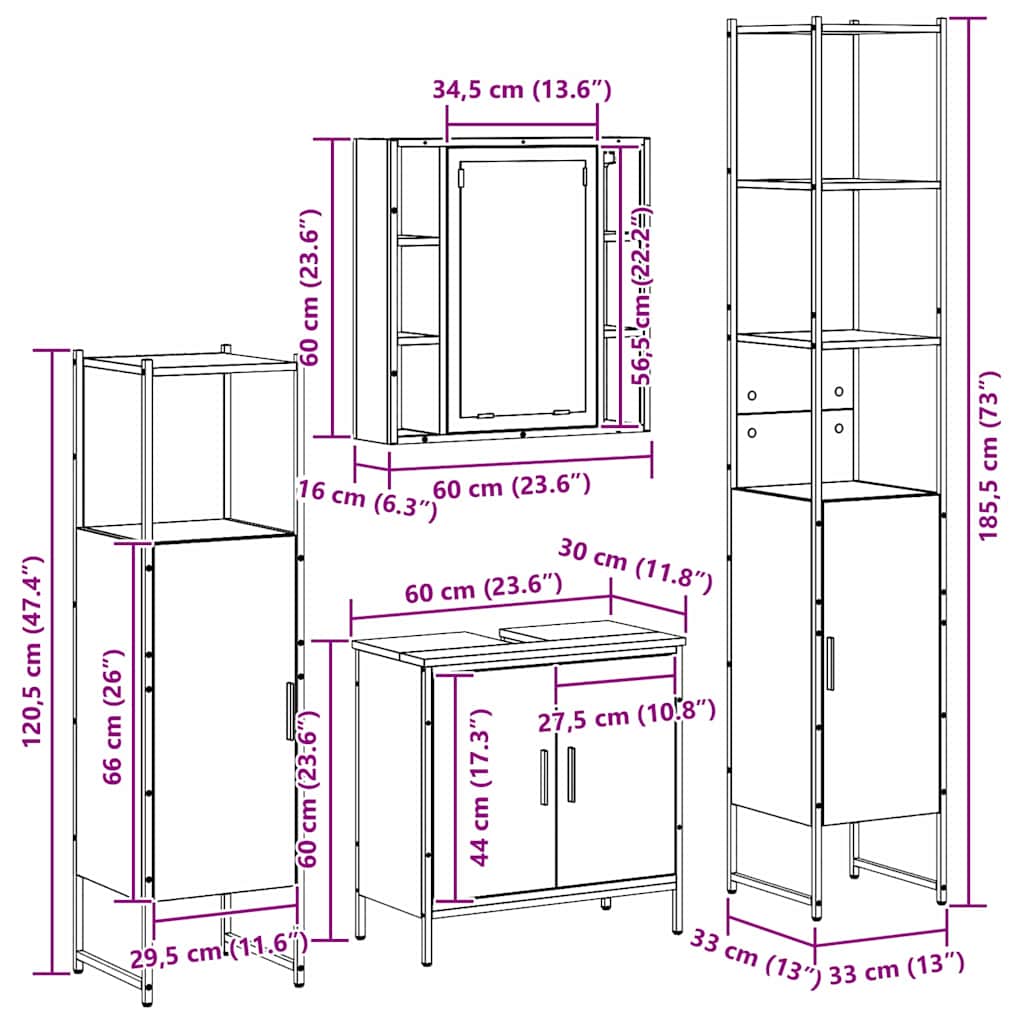 Badezimmermöbel-Set 4 stk. Schwarz 33 x 33 x 185,5 cm