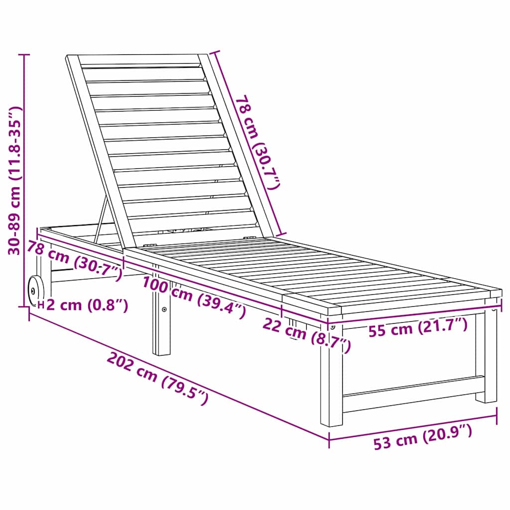 Sonnenliege 1-Person Braun 53 x 202 x 89cm Massivholz Akazie