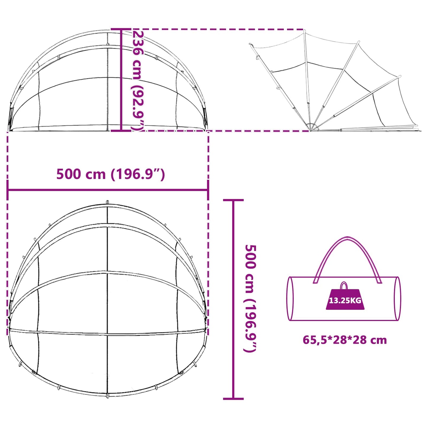 Pool-Dome 500 x 500 x 236 cm 185T Polyester mit PU-Beschichtung
