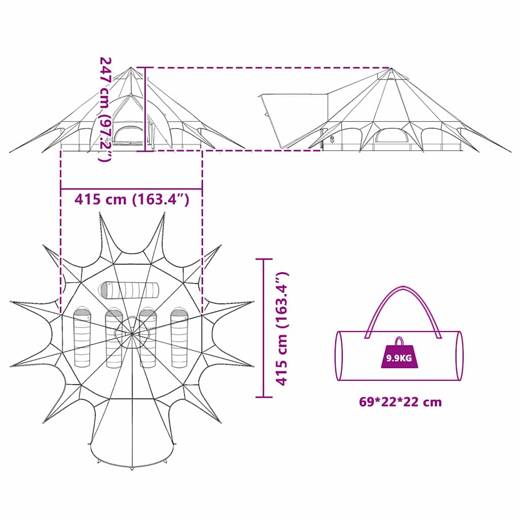 Teepee Zelt für 5 Personen 5 Personen Grün und Grau