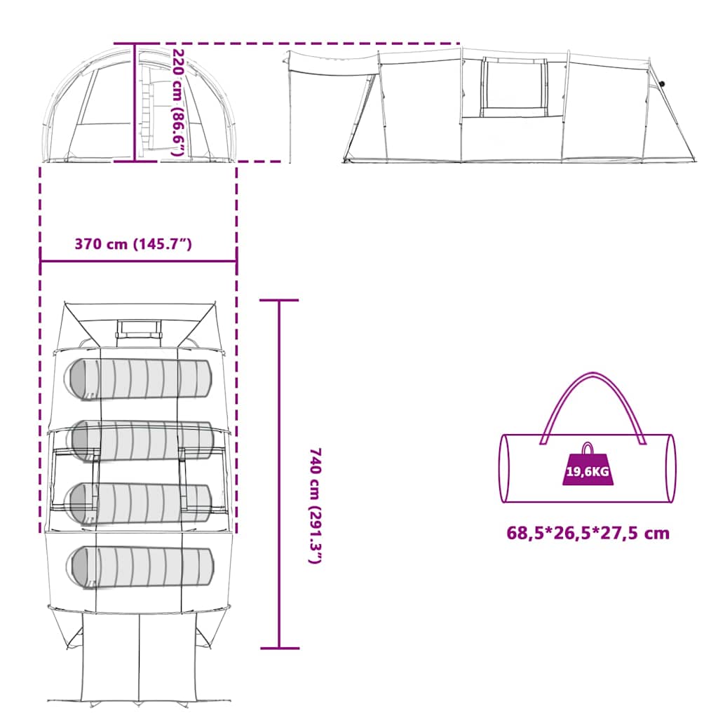 Tunnelzelt 4-Personen Grau und Orange 740 x 370 x 220 cm