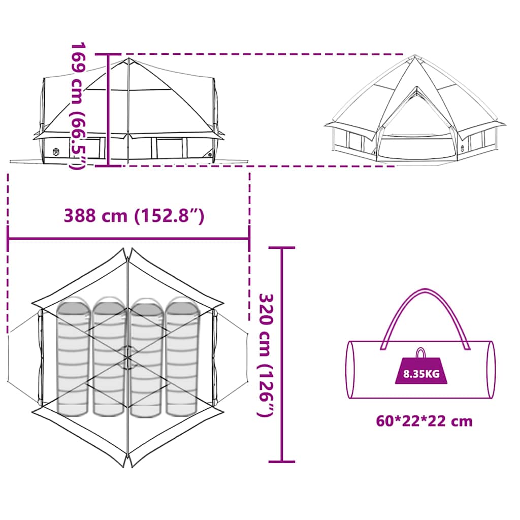 Teepee Zelt für 4 Personen 4 Personen Grün und Grau