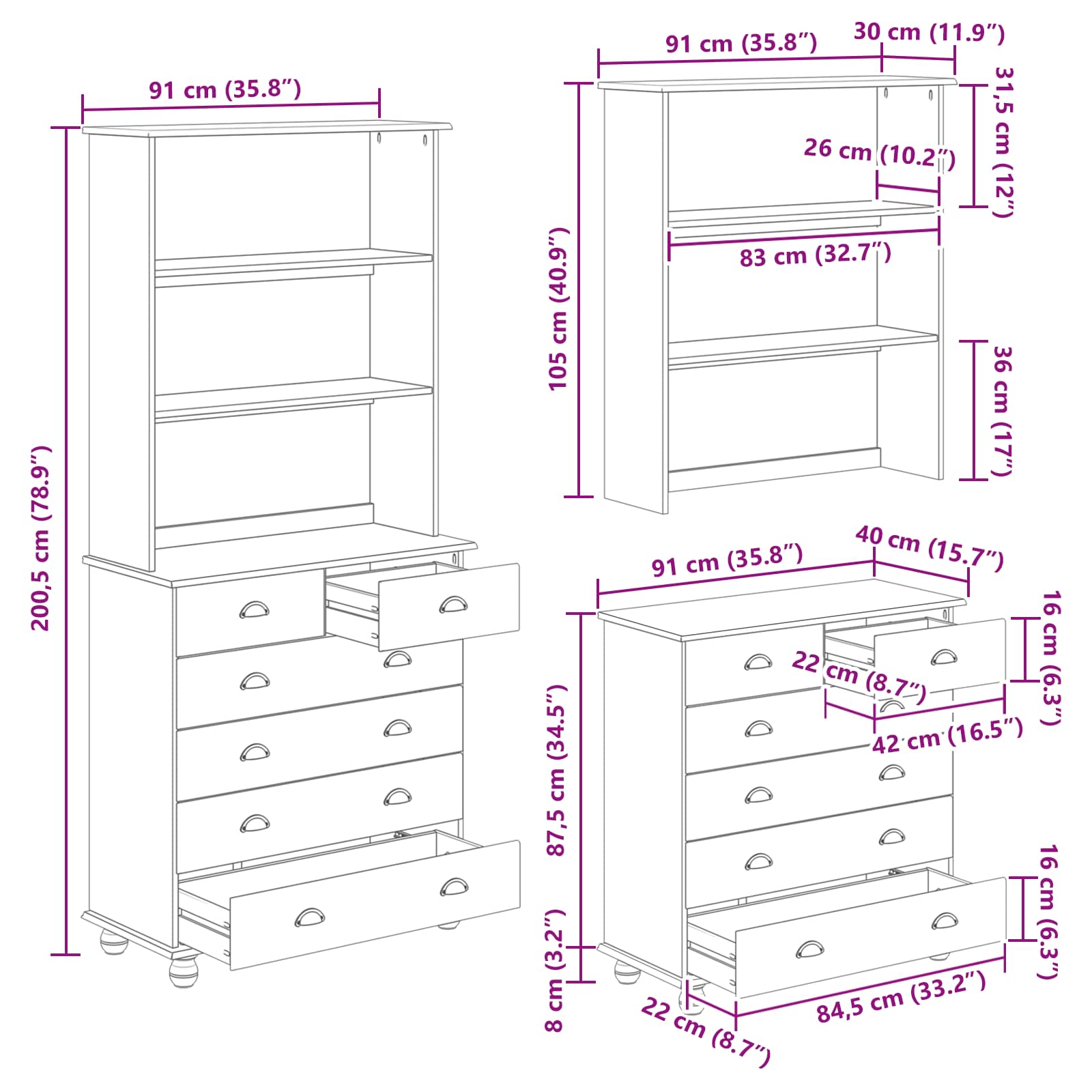 Hutch ASKIM Honigwachs 91 x 40 x 200,5 cm Massives Kiefernholz