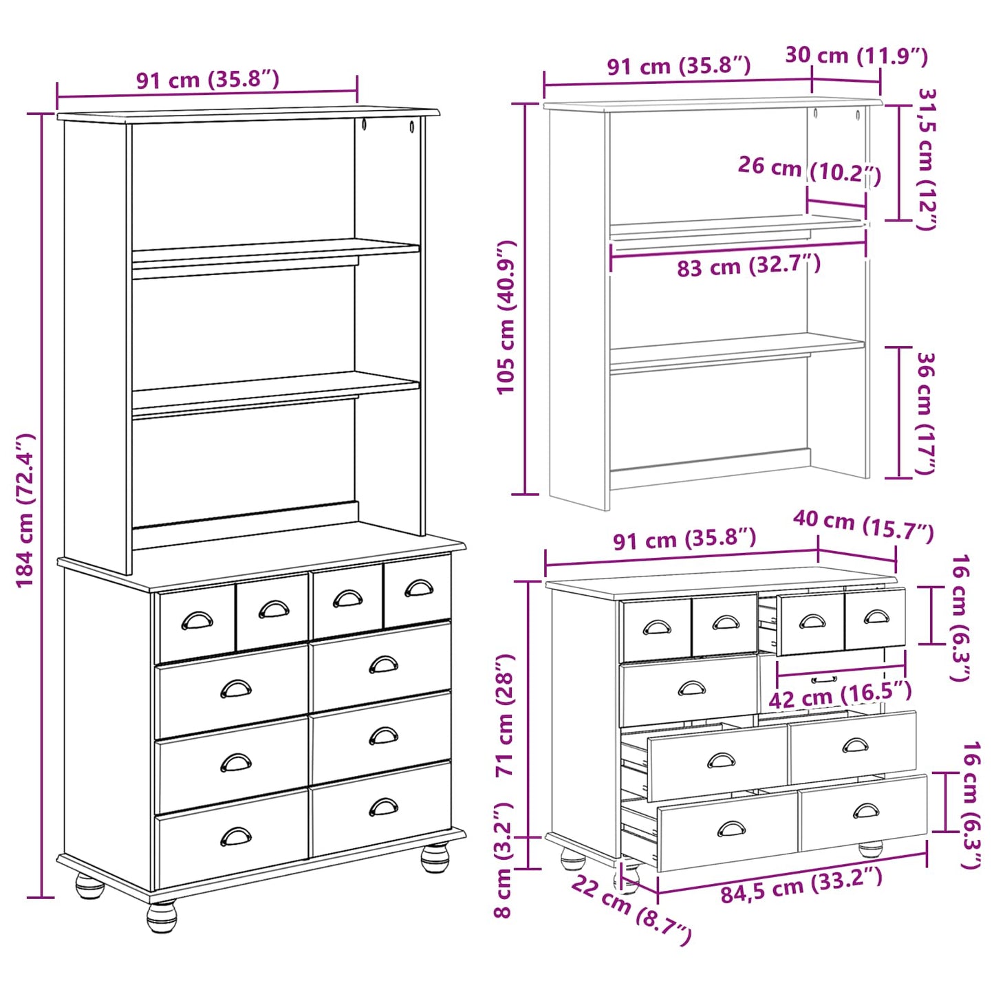 Hutch ASKIM Honigwachs 91 x 40 x 184 cm Massives Kiefernholz