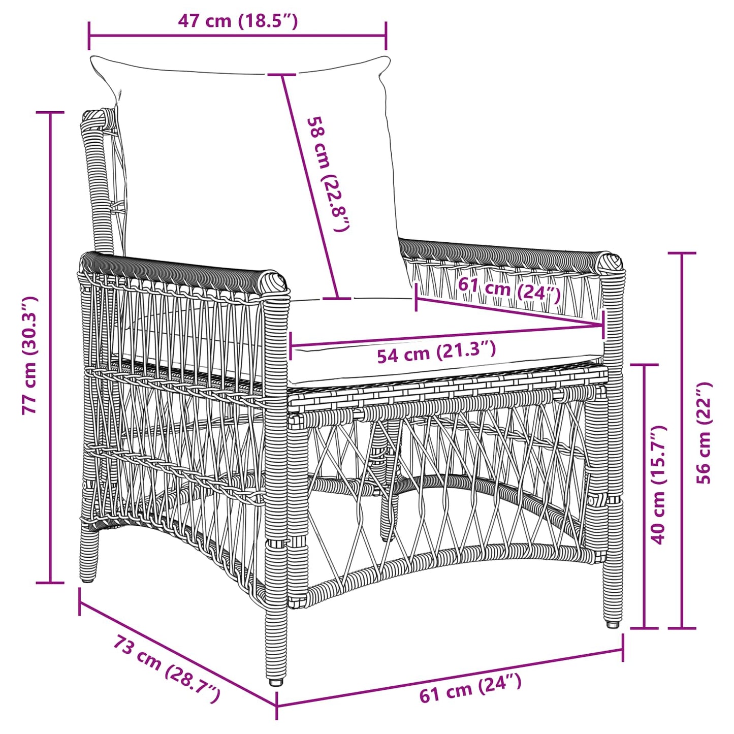 Gartenstuhl mit Kissen Schwarz 73 x 61 x 77 cm Poly-Rattan