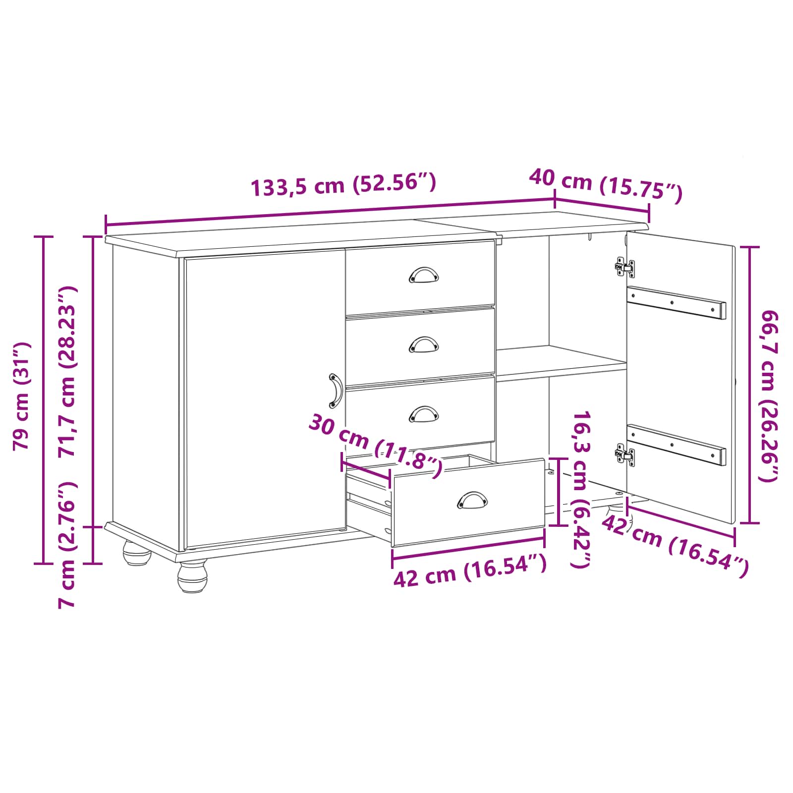 Sideboard ASKIM 133,5 x 40 x 79 cm Massivholz Kiefer