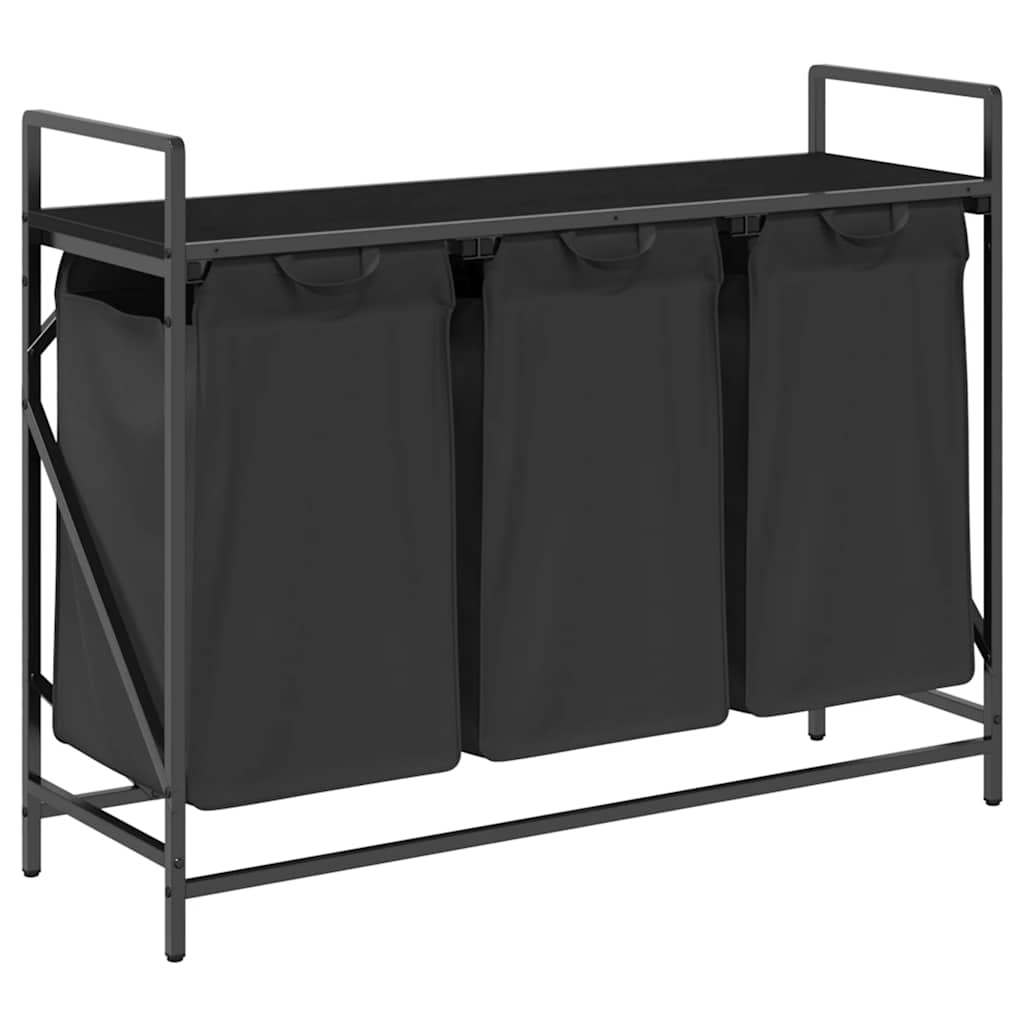 Panier à linge 3 compartiments avec étagère aspect chêne noir