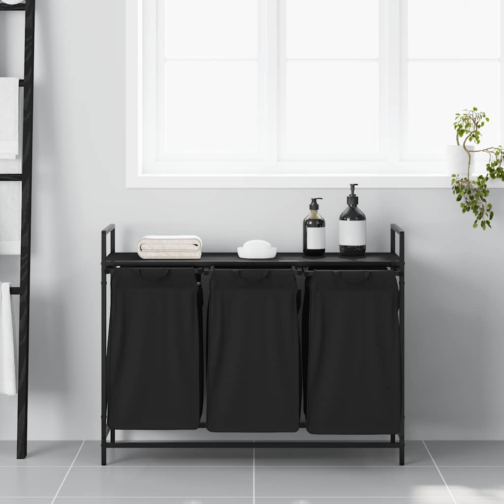 Panier à linge 3 compartiments avec étagère aspect chêne noir