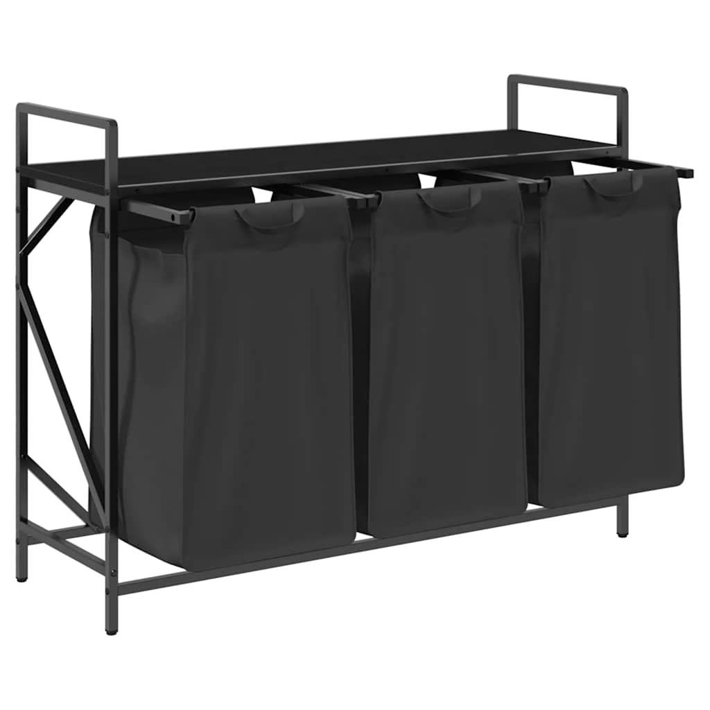 Panier à linge 3 compartiments avec étagère aspect chêne noir