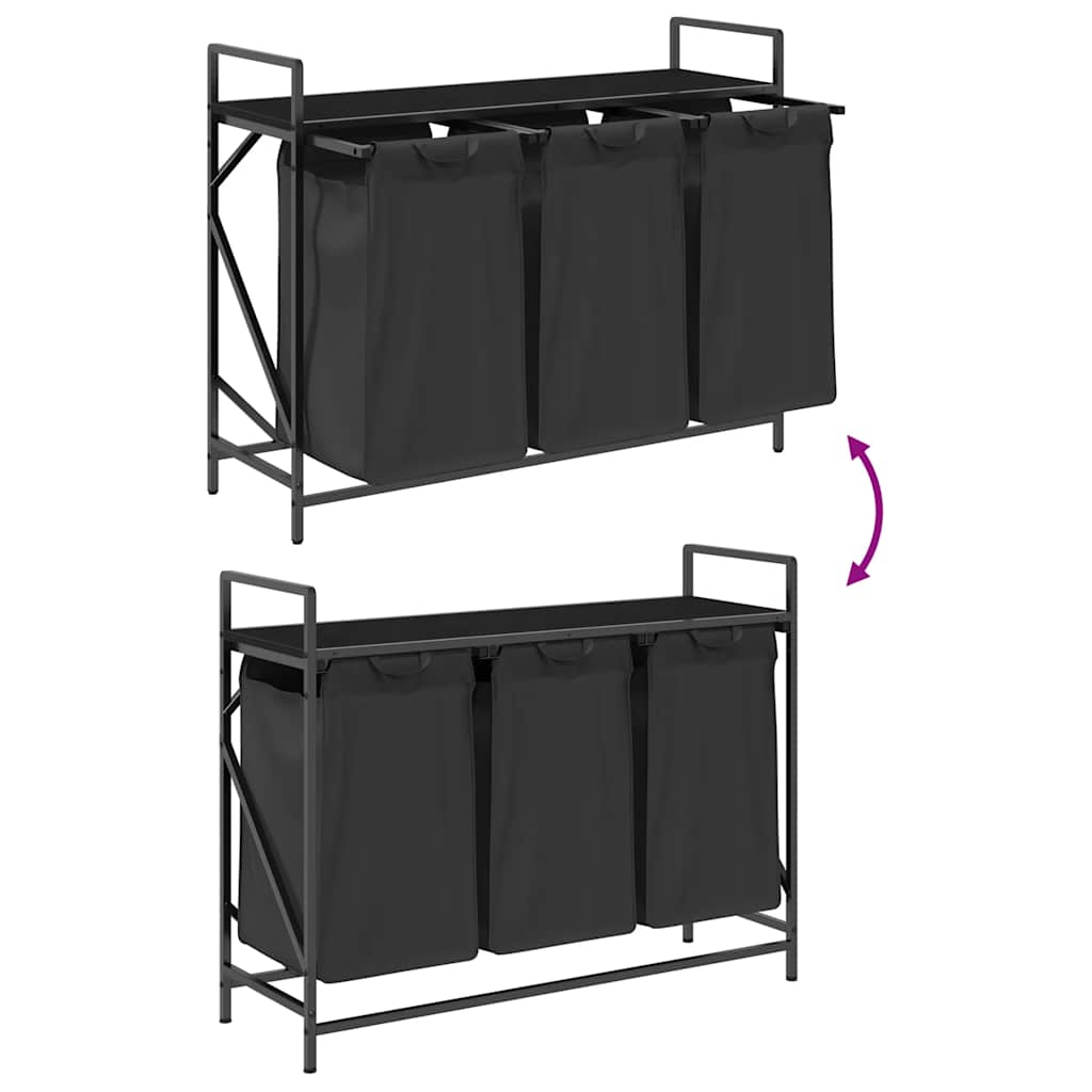 Panier à linge 3 compartiments avec étagère aspect chêne noir