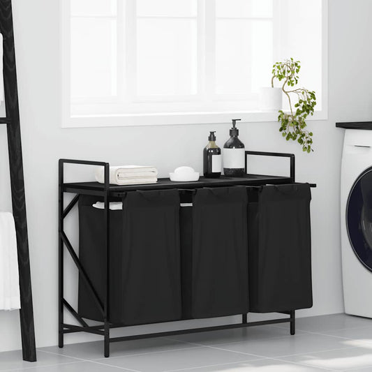 Panier à linge 3 compartiments avec étagère aspect chêne noir