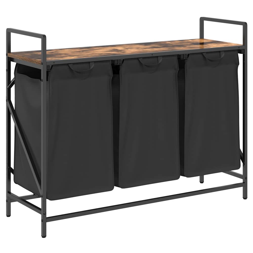 Panier à linge 3 compartiments avec étagère en chêne fumé