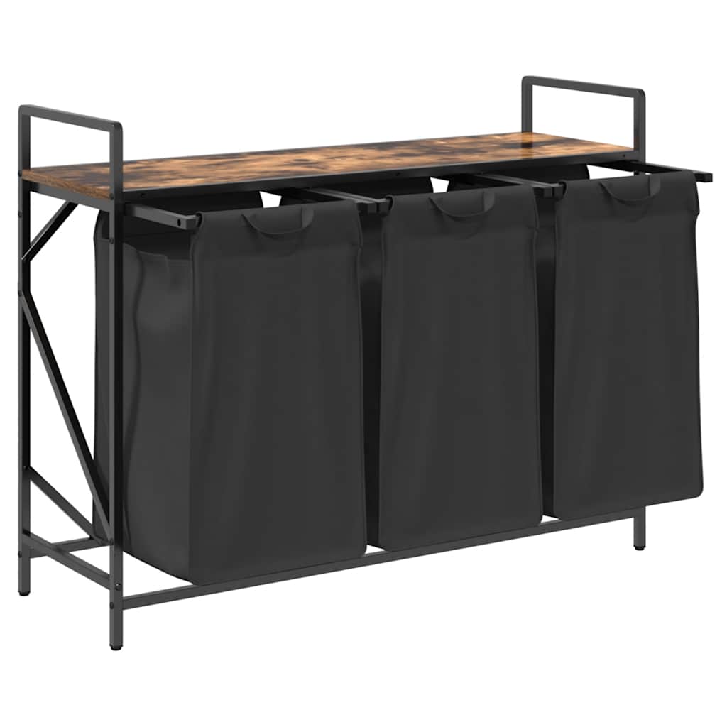 Panier à linge 3 compartiments avec étagère en chêne fumé