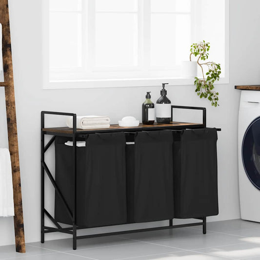 Panier à linge 3 compartiments avec étagère en chêne fumé