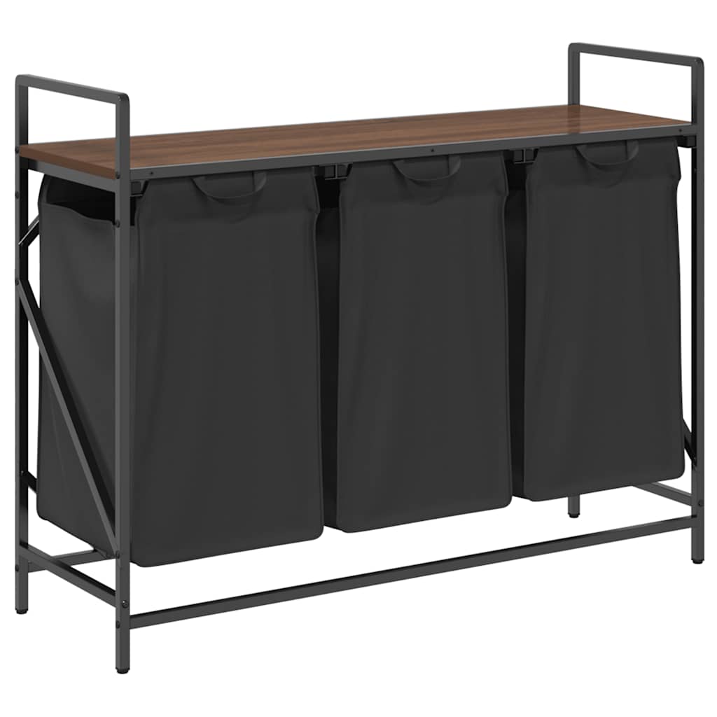 Panier à linge 3 compartiments avec étagère aspect chêne marron
