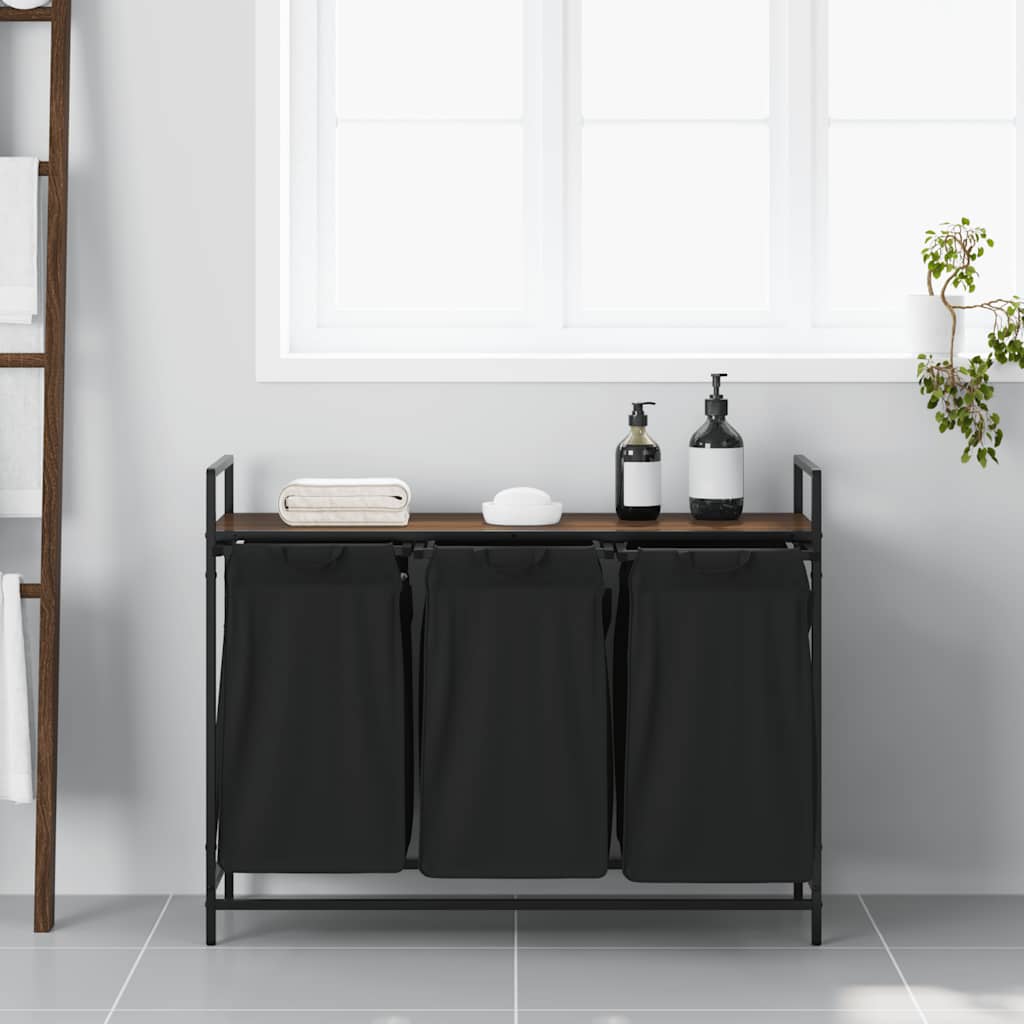 Panier à linge 3 compartiments avec étagère aspect chêne marron