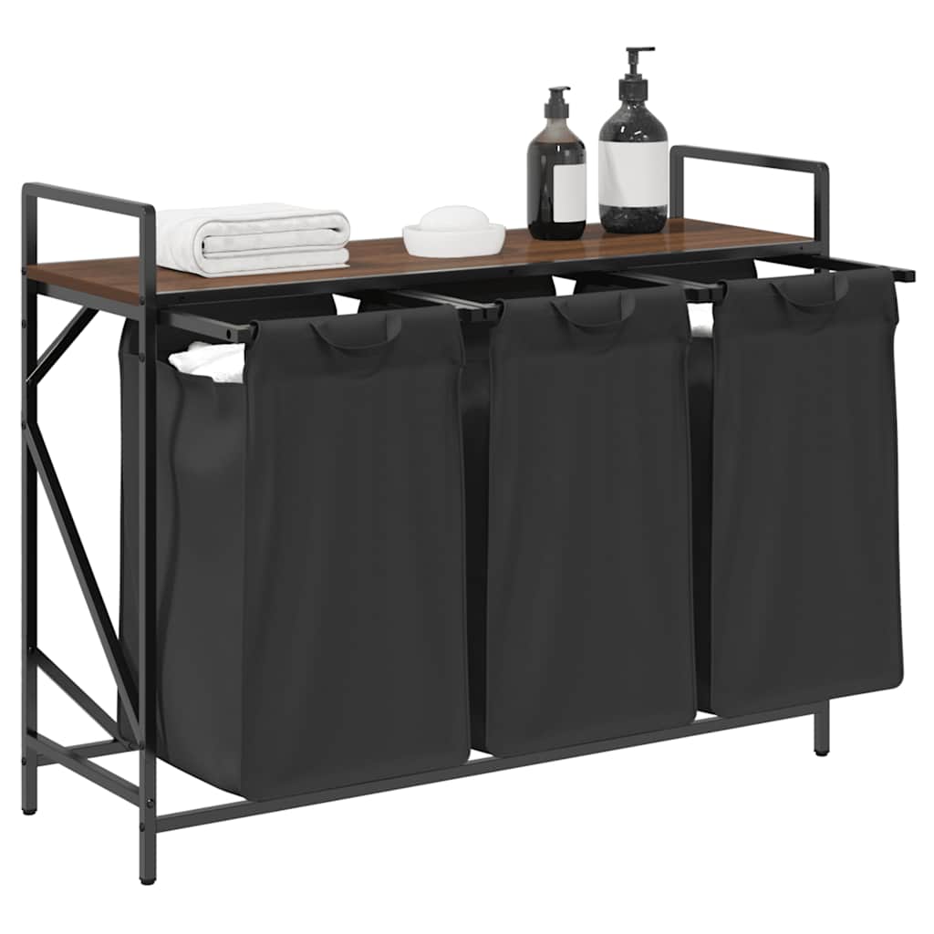 Panier à linge 3 compartiments avec étagère aspect chêne marron