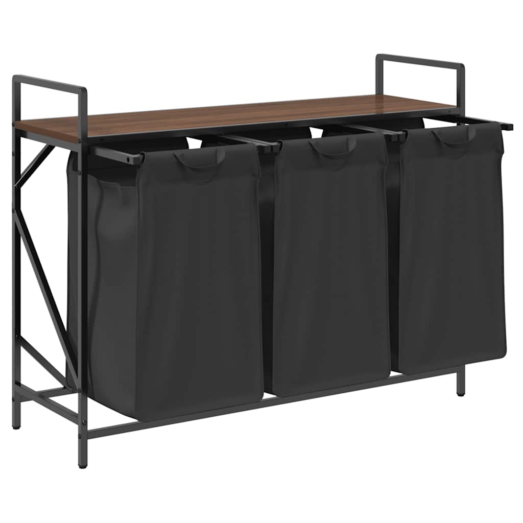 Panier à linge 3 compartiments avec étagère aspect chêne marron