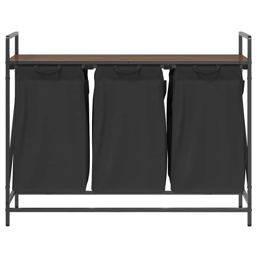 Panier à linge 3 compartiments avec étagère aspect chêne marron