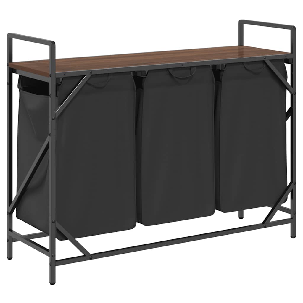 Panier à linge 3 compartiments avec étagère aspect chêne marron