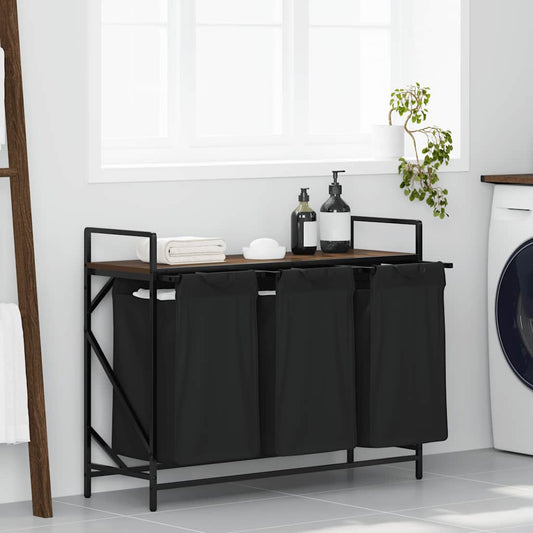 Panier à linge 3 compartiments avec étagère aspect chêne marron