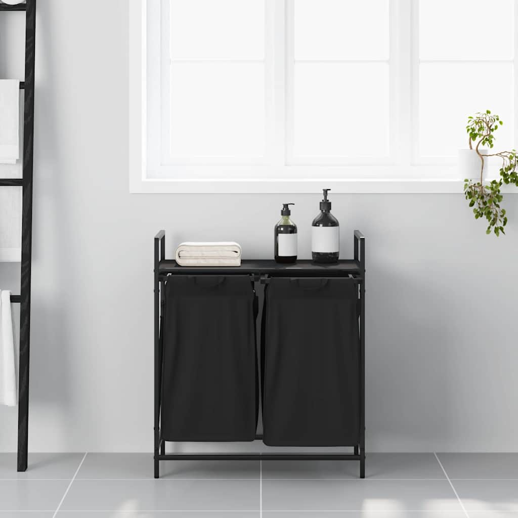 Panier à linge 2 compartiments avec étagère aspect chêne noir