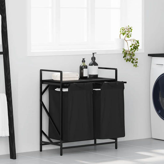 Panier à linge 2 compartiments avec étagère aspect chêne noir
