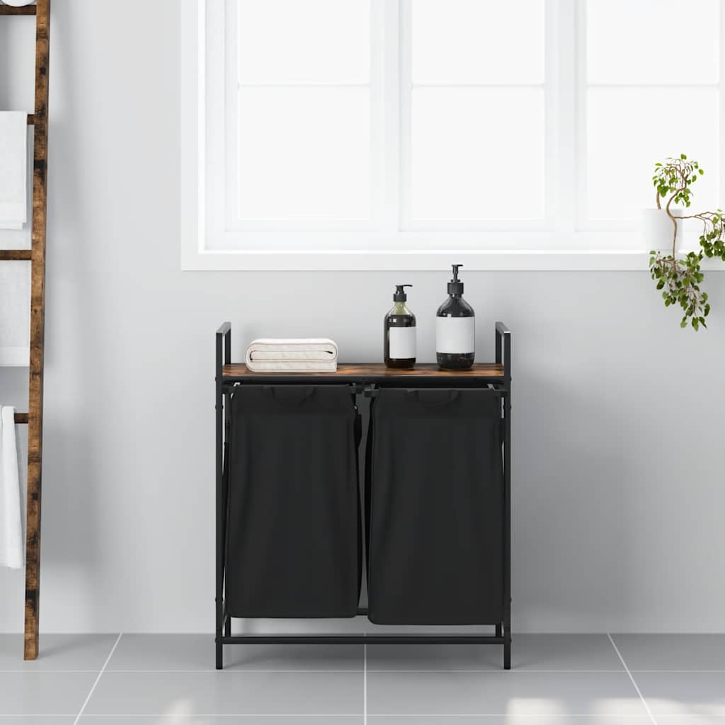Panier à linge 2 compartiments avec étagère en chêne fumé