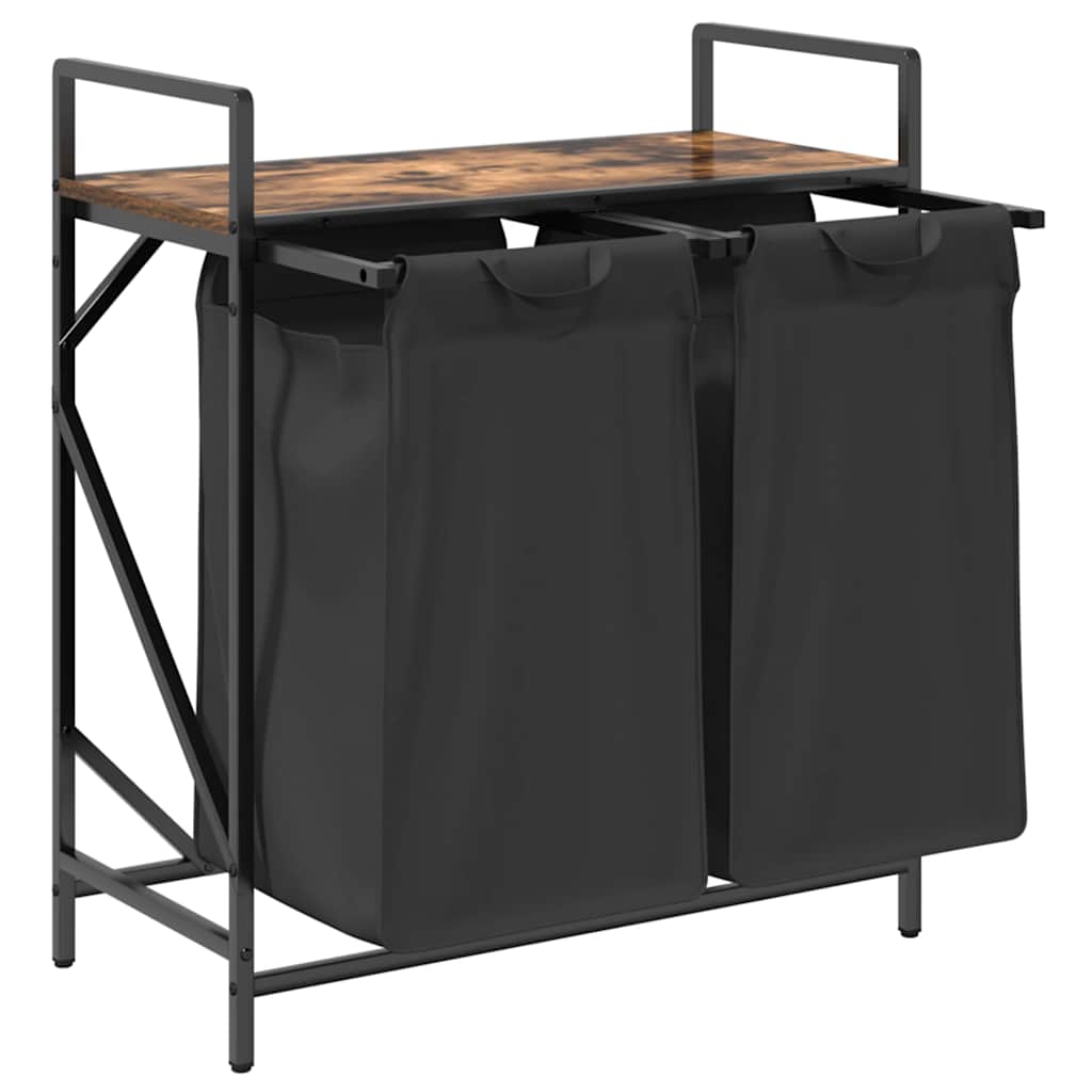 Panier à linge 2 compartiments avec étagère en chêne fumé