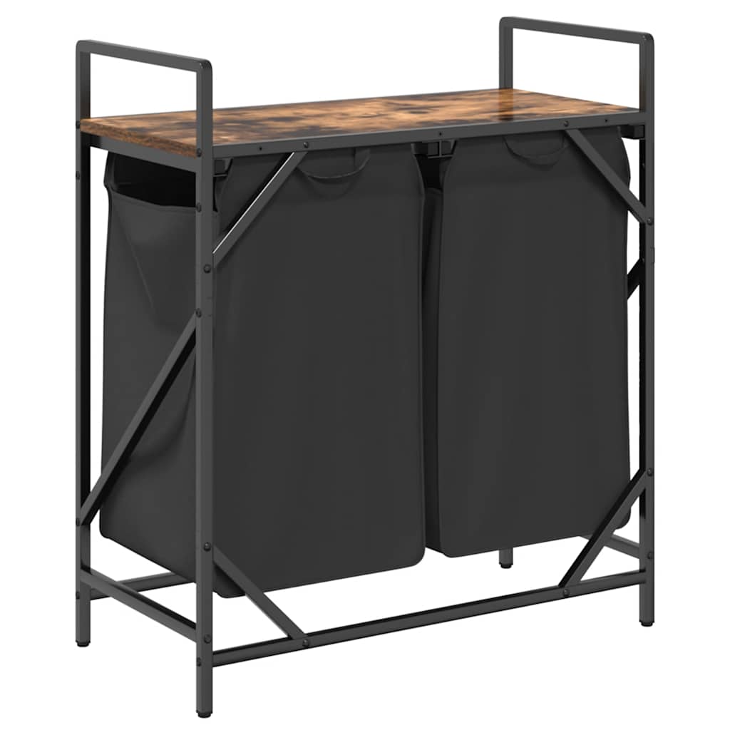 Panier à linge 2 compartiments avec étagère en chêne fumé