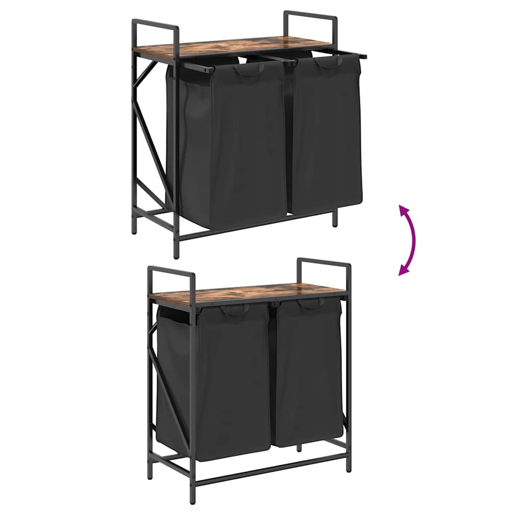Panier à linge 2 compartiments avec étagère en chêne fumé