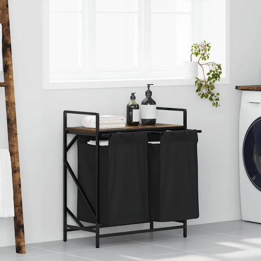 Panier à linge 2 compartiments avec étagère en chêne fumé