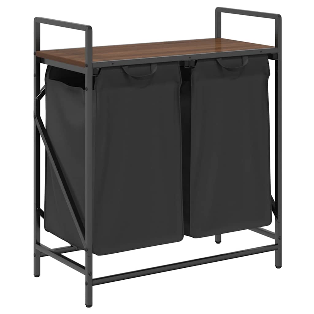 Panier à linge 2 compartiments avec étagère aspect chêne marron