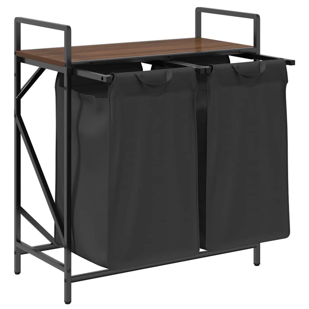 Panier à linge 2 compartiments avec étagère aspect chêne marron