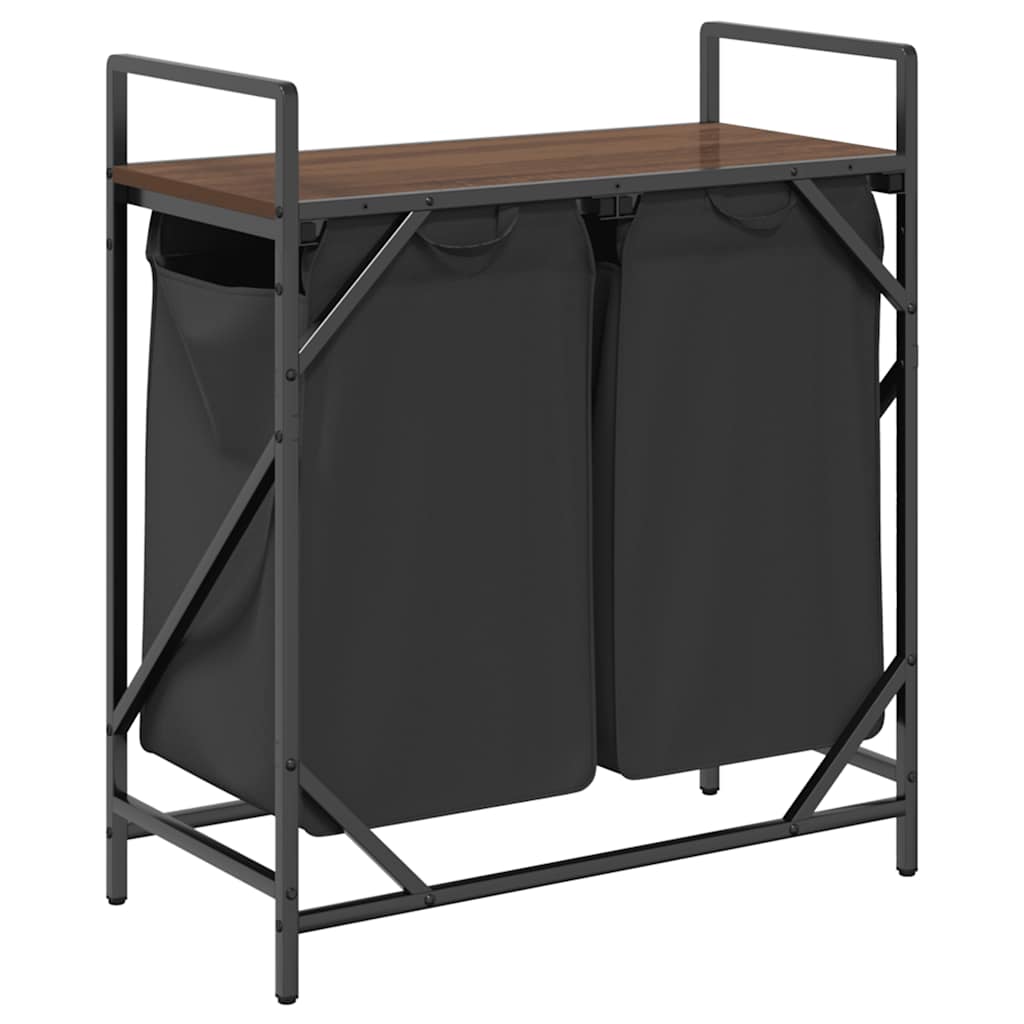 Panier à linge 2 compartiments avec étagère aspect chêne marron